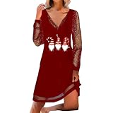 MNRIUOCII Mujeres Moda Navidad Impresión Decorada Malla Manga Larga Vestido Cuello en V Suéter Suelto Mini Vestido Vestido de Verano Corto Mujer M, rojo, XL