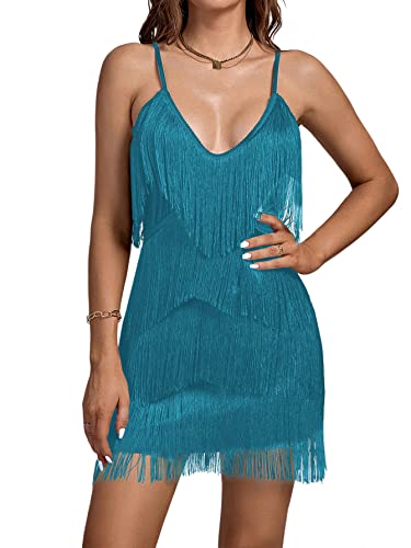 Image of Umenlele Women's Layered Fringe Deep V Neck Cami Mini Dress Sleeveless Tassels Flapper Dresses
