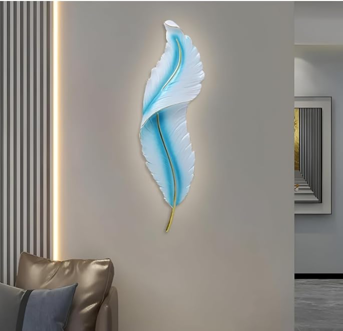 Image of Resin Antique Feather Wall Sconce|Snowy Quill Decorative Wall Light for Living Room, Hallway, Kitchen & Office-Warm White, Cool White, Natural White (Blue+Golden)