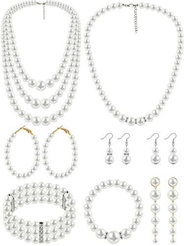 BBTO 8 Pcs Pearl Necklace and Earrings Set for Women Faux Pearl Bracelets Costume Jewelry Set for Wedding Gift Birthday Party