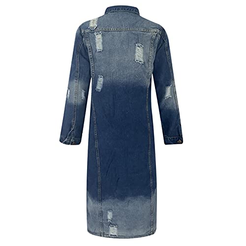 Lugogne Denim Jacket For Women Long Fashion Ripped Overcoat Retro Blue Jackets Lapel Button Oversized Trench Coat #TOP3