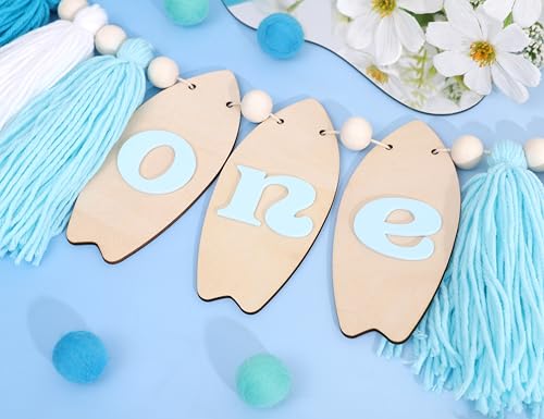 Image of Big One Surf High Chair Banner - Wave 1st Bithday Decorations, Surfing Board Birthday Highchair Banner, Beach First Birthday Tassel Garland