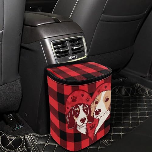 Image of Talayituse Dog Paw Scottish Tartan Print Car Trash Can with Lid, Leak Proof Auto Trash Bag Hanging Vehicle Garbage Can Multipurpose Storage Container for Back Seat Road Trip