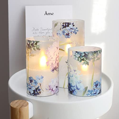 Image of Blue Hydrangea Flameless Candles, Decorative LED Candles Flickering with Remote Timer, Battery Operated Real Wax Candles for Birthday Party Love Decor, Set of 3