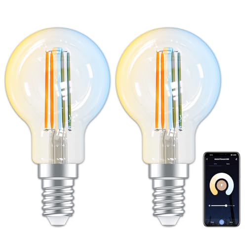 ANTELA Lampadine Alexa Inteligente WiFi LED Dimmerabile E14 P45, 4,5W 470LM 2700K-6500K Bianco Freddo/Caldo, Compatibile con Alexa/Google Home, Controllo Vocale, Controllo APP, 2Pezzi