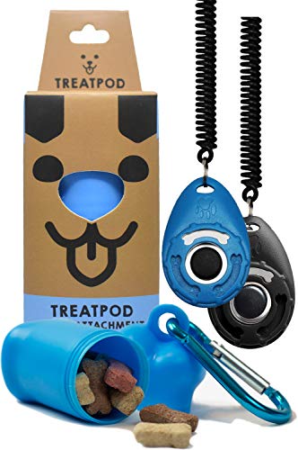 TREATPOD Leash Treat Holder and Training Clickers (Blue Black) - Portable Container and Clickers with Wrist Straps Training Bundle