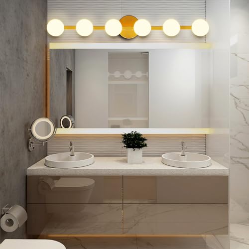 Lightdot 6 Light Bathroom Vanity Light, 38" Modern Gold Vanity Lights with Globe Water/Shatterproof PC Lampshade, Rust-Proof Bathroom Light Fixtures Over Mirror for Kitchen Hallway Cabinet Porch by Lightdot - Used condition - Image 7