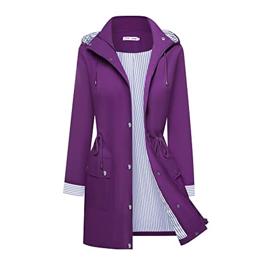 Women Raincoat Waterproof Rain Coats with Hood Lightweight Long Rain Jacket for Ladies Purple L