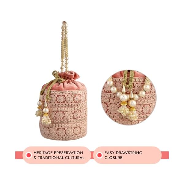Kuber Industries Potli | Velvet Wedding Potli | Beads Handle Potli | Wallet Potli | Christmas Gift Potli | Baby Shower Potli | Embroidery Potli | Lucknowi Potli | Peach - Image 7