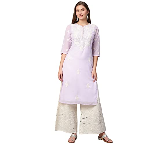 Image of RATAN Georgette Straight Lucknowi Chikankari Ethinic Wear Kurta for Women