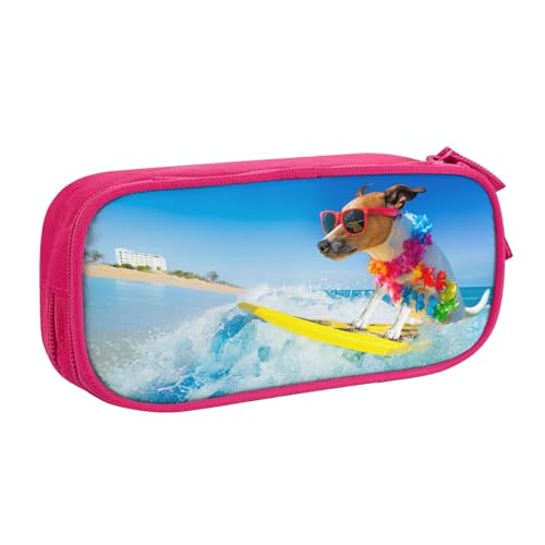 ジャック・ラッセル サーフィン犬ペンケース 筆箱 文具ケース おしゃれ 筆袋 鉛筆ケース 鉛筆のサック 中高校生 軽量 収納バッグ 学生 子供 誕生日 入学ギフト 大容量 ダブルレイヤーPink