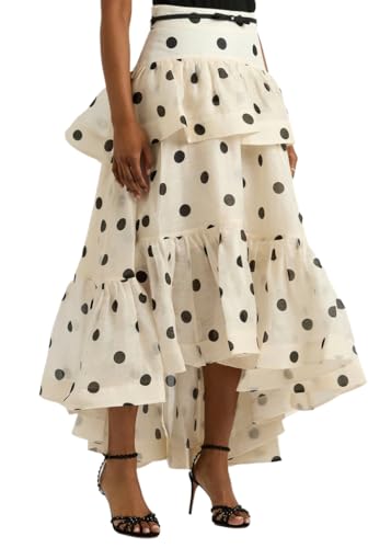 THLAI Women Polka Dot Maxi Skirt Ruffle Layered Long Skirt High Waist Asymmetrical Midi Skirt Summer Skirt