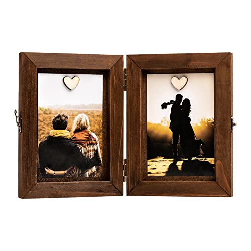 Oksqw Double Picture Frame Fold Hinged Rustic 4X6 Wood Photo Frame Vintage Metal Buckle With Magnet Wooden Memorial Box Gift Photo & Message Card Brown Farmhouse Family Unique Home Office Desk Decor #TOP10