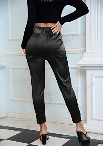 heipeiwa Womens Satin Pants Casual Dress High Waist Bow-Knot Cropped Paper Bag Pants3