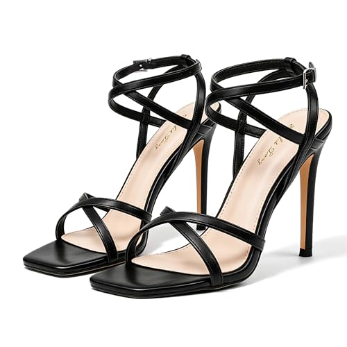 Image of Elisabet Tang Women's Crystal Stilettos Heeled Sandals, 4 Inch Square Open Toe Strappy Sexy High Heels Ankle Strap Buckle Heels for Party Wedding Dress Daily Wear Shoes