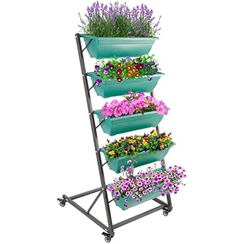 TTL Garden Vertikalbeet mit 5 versetzten Etagen 145x66x68cm - vertikales Hochbeet Blumenkasten & Balkon Beet mit 5 Pflanzkasten, Metall Rahmen stabil mit Rollen Cover