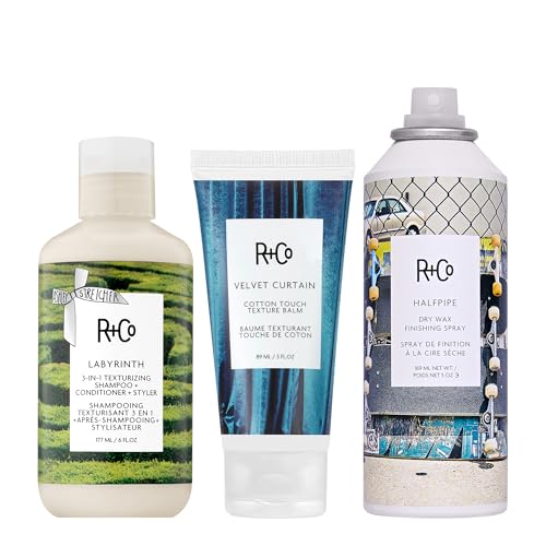 R+Co LABYRINTH 3-in-1 Texturizing Shampoo + Conditioner + Styler, VELVET CURTAIN Texture Balm & HALFPIPE Dry Wax Spray Bundle – Volume & Styling – Vegan & Cruelty-Free