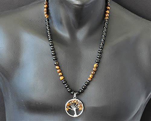 Tree Of Life Necklace Men s Natural Tiger Eye Beads Necklace Onyx Beads Necklace Macrame Beaded Necklace Tree of Life Pendant Adjustable