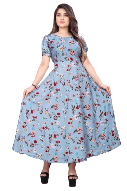 Women’s Crepe Flared Gown | Stylish Round Neck Short Sleeve Casual Wear Gown-picture-24