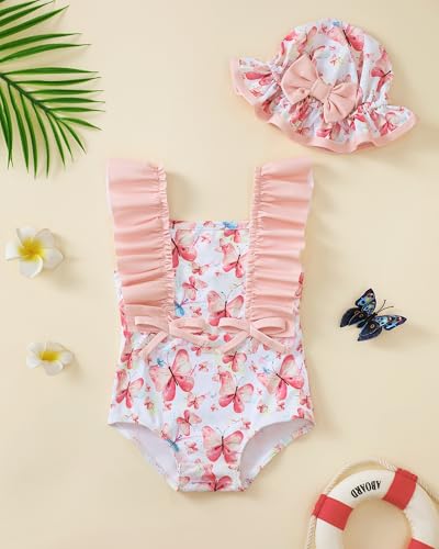 Image of Toddler Girl Swimsuit Baby Girl Bathing Suit Long Sleeve Floral Zipper One-Piece Rash Guard Swimsuit with Hat
