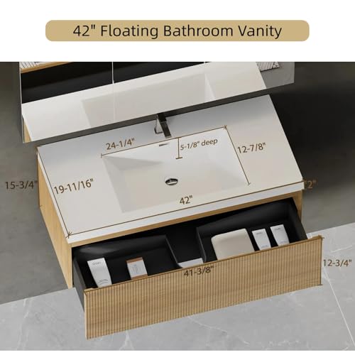 Image of 42'' Floating Bathroom Vanity with Sink, Wall-Mounted Bathroom Storage Cabinet with Soft-Close Striped Drawer & Solid Surface Basin, Modern Natural Oak Body with Internal Handle, Wood