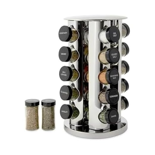 Kamenstein 20 Jar Revolving Countertop Spice Rack with Spices Included, FREE Spice Refills for 5 Years, Polished Stainless Steel with Black Caps, 30020