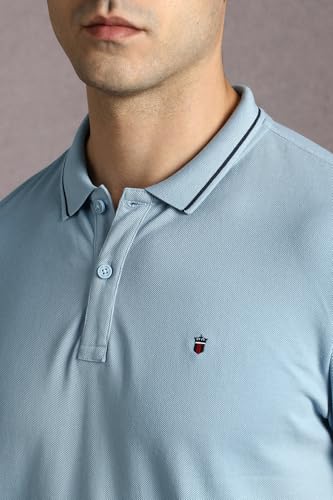 Image of Louis Philippe Men's Slim Fit Single-Tuck Pique Stylized Sleeve Print and Contrast Tipping Half Sleeve Solid Cotton Polo Tshirt