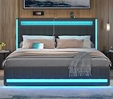 Dnxao Queen Size Bed Frame with LED Lights and Charging Station, Upholstered Platform Bed with Adjustable Headboard, Queen Size Bed with Wooden Support and Footboard, No Box Spring Needed, Dark Grey