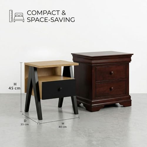 Image of FFO Modern Bedside Table with Drawer & Open Shelf, Wooden Top with Metal Frame, Compact Nightstand for Bedroom, Side Table with Storage, End Table for Living Room (45x35x40 cm, Oak Finish & Black).