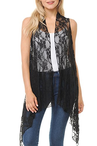 Innerest Basico Women's Open Asymmetrical Hem Print Chiffon Vest Cardigan (Floral: Black, One Size)