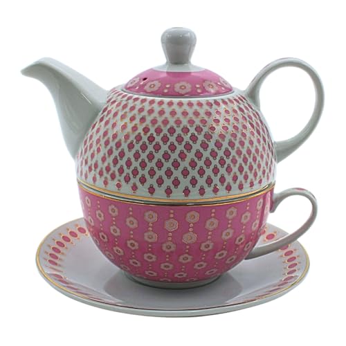 Teiera in porcellana, set "Tea for one", caraffa da servizio per il tè, teiera, servizio da tè, tazza da tè con teiera, set di teiere con design retrò e tazza da tè in porcellana in rosa e oro, L/Larg