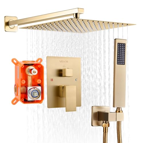 VEVOR Duscharmatur Regenduschsystem fürs Badezimmer Duschsystem mit 305 mm quadratischen Regenduschkopf & Handbrause, wandmontierte Badezimmerarmaturen mit Messingventil & Zierset, gebürstetes Gold