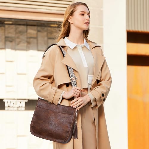 HKCLUF Vegan Leather Crossbody Bags Purse for Women Trendy Tassel Hobo Handbag Women With 2PCS Adjustable Guitar Strap2