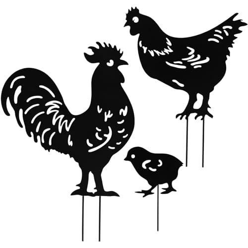 Lot de 3 piquets de poulet noirs décoratifs en métal - Silhouette de poule - Poule - Poussin - Statues artistiques de jardin - Ornements de pelouse pour le...