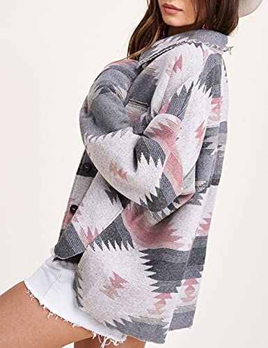 Springrain Womens Aztec Denim Jacket Shacket Lapel Button Down Shirt Jacket Western Jacket For Women(Pink-S) #TOP2