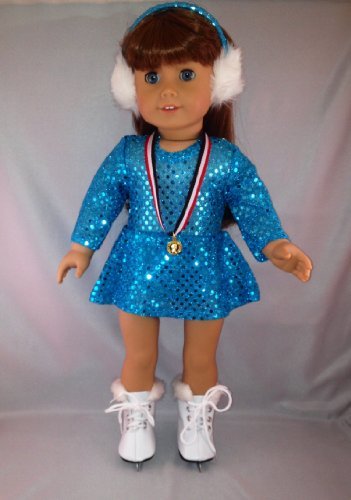 Turquoise Sparkle Ice Skating Champion Outfit. White Skates, Medal, and Ear Muffs Included