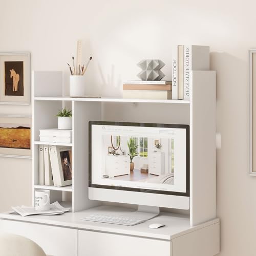 FTZxHKLX Desktop Bookshelf, 4 Tier Wooden Desk Storage Hutch, 37.4'' Desk Shelf Organizer with 3 Shelves, Small Bookshelf Storage Shelves, Display Shelf for Top of Desk, College Dorm, Office, Home