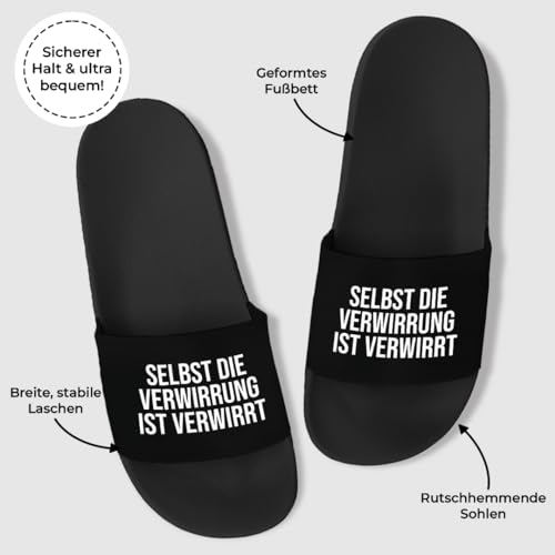 Prozente Momente Selbst die Verwirrung ist verwirrt Badelatschen | Slipper | Schlappen | Hausschuhe | Pantoletten | Unisex | Lustige Sprüche | Party | rutschfest | Schwarz | Größe 39