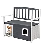 VINGLI Outdoor Dog House Weatherproof, Wooden Bench with Storage for Small & Medium Pets in Patio, Garden, Backyard (Gray & White)