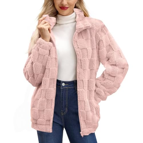 Couawaticy Veste polaire douce et chaude à manches longues avec fermeture éclair intégrale pour femme, rose, M
