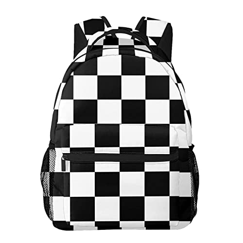 Black White Race Checkered Flag Pattern Casual School Backpack Bag, Laptop Hiking Travel Shoulder Daypack College Bookbag for Men Woman Girls Boys Teens