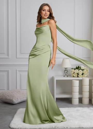 Strapless Satin Bridesmaid Dresses Long with Scarf 2025 Tight Pleated Corset Mermaid Evening Party Maxi Dress2