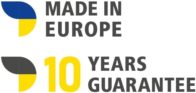 Logos indicating 'Made in Europe' and '10 Years Guarantee'.