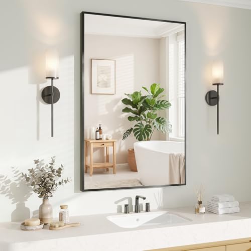 Image of Koonmi Black Rectangle Wall Mirror, 20x30 Inch Bathroom Mirror, Aluminum Frame Vanity Mirror for Entryway, Living Room, Bedroom, Hangs Horizontally or Vertically
