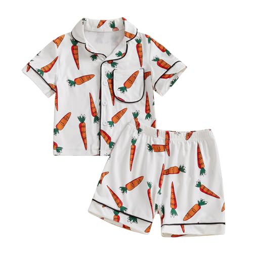 fyclemt Toddler Baby Boy Girl Easter Silk Pajamas Floral Bunny Short Sleeve Button Up Shirt Lounge Shorts Satin Pjs Summer Sleepwear (White Carrot Climbing, 3-4 Years)