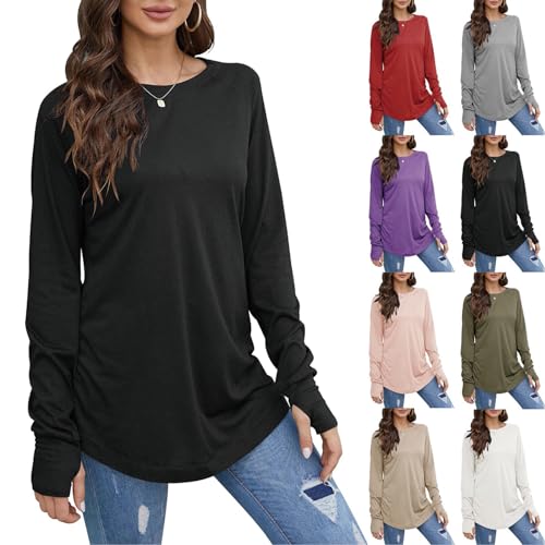 Womens Long Sleeve Shirt with Thumb Holes Crew Neck Round Hem