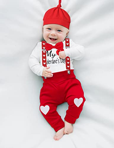 Baby Boy Valentines Day Outfit My First Valentines Day Long Sleeve Romper + Suspender Pants + Hat 3Pcs Spring Outfit3