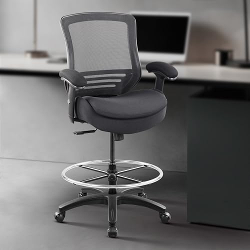 Image of BOLISS 400lbs Ergonomic Office Drafting Chair Mid Mesh Back for Height Adjustable Desk 21inch Foot Ring Height Adjustable Armrest (Black)