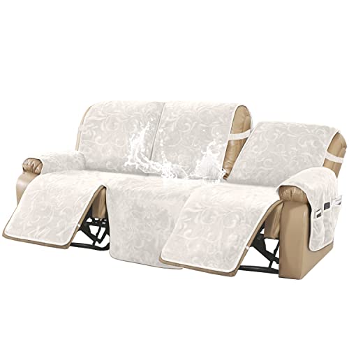 Recliner Sofa Covers 3 Seat 100% Waterproof Recliner Sofa Slipcover For 3 Cushion Couch Premium Velvet Pet Sofa Cover For Recliner Washable Reclining Couch Covers With Elastic Straps, Ivory #TOP17