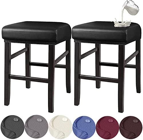 Stool Covers Rectangle, Stretch Waterproof PU Rectangle Bar Stool Covers Vanity Stool Cover Washable Counter Stool Covers Saddle Seat Cover with Elastic Bands for Wooden Metal Barstools(2 Pack,Black)